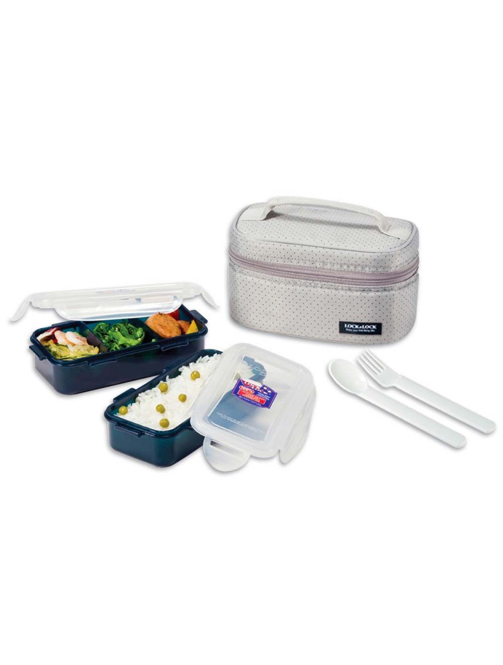 Lock & Lock Lunch Box 3Pcs Set Gray Bag Spoon/Fork HPL758DG