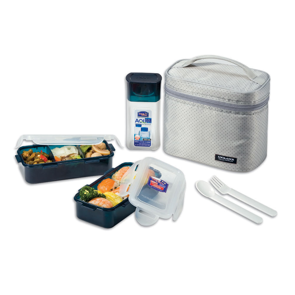 LocknLock Ke758093 L&l Lunch Box Set W/grey Bag Spoonfork