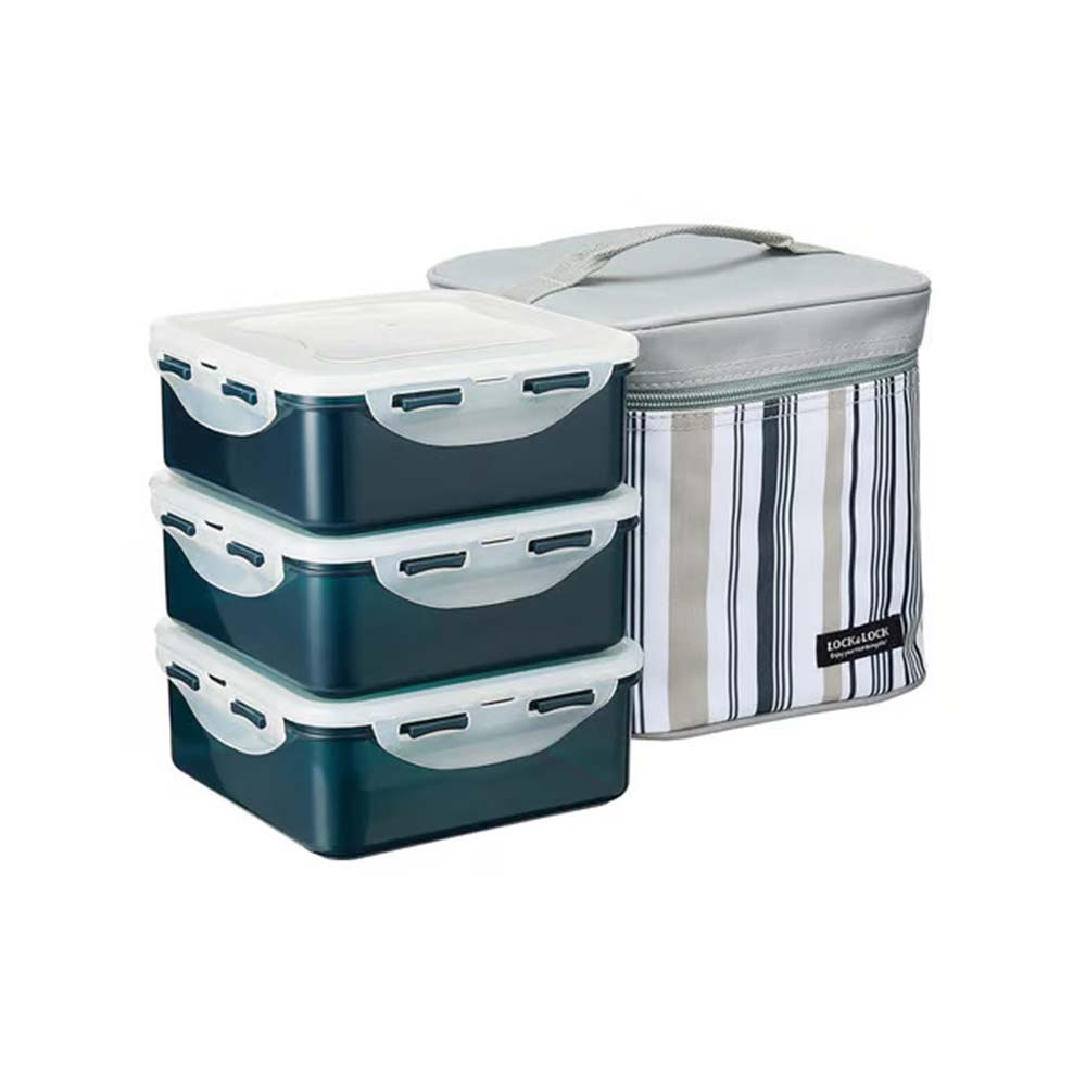 LocknLock Lunch Box 3Pcs Set Grey With Insulated Stripe Bag (HPL817DG)