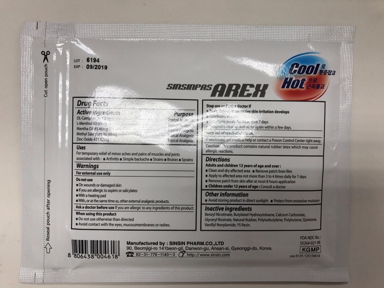 6 Patches X Sinsinpas Arex Cool And Hot Pain Relief Patch