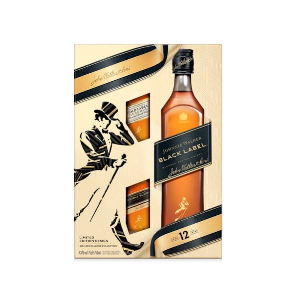 Johnnie Walker Black Label Blended Scotch Whisky Gift Set With 2 50ml Extra Bottles