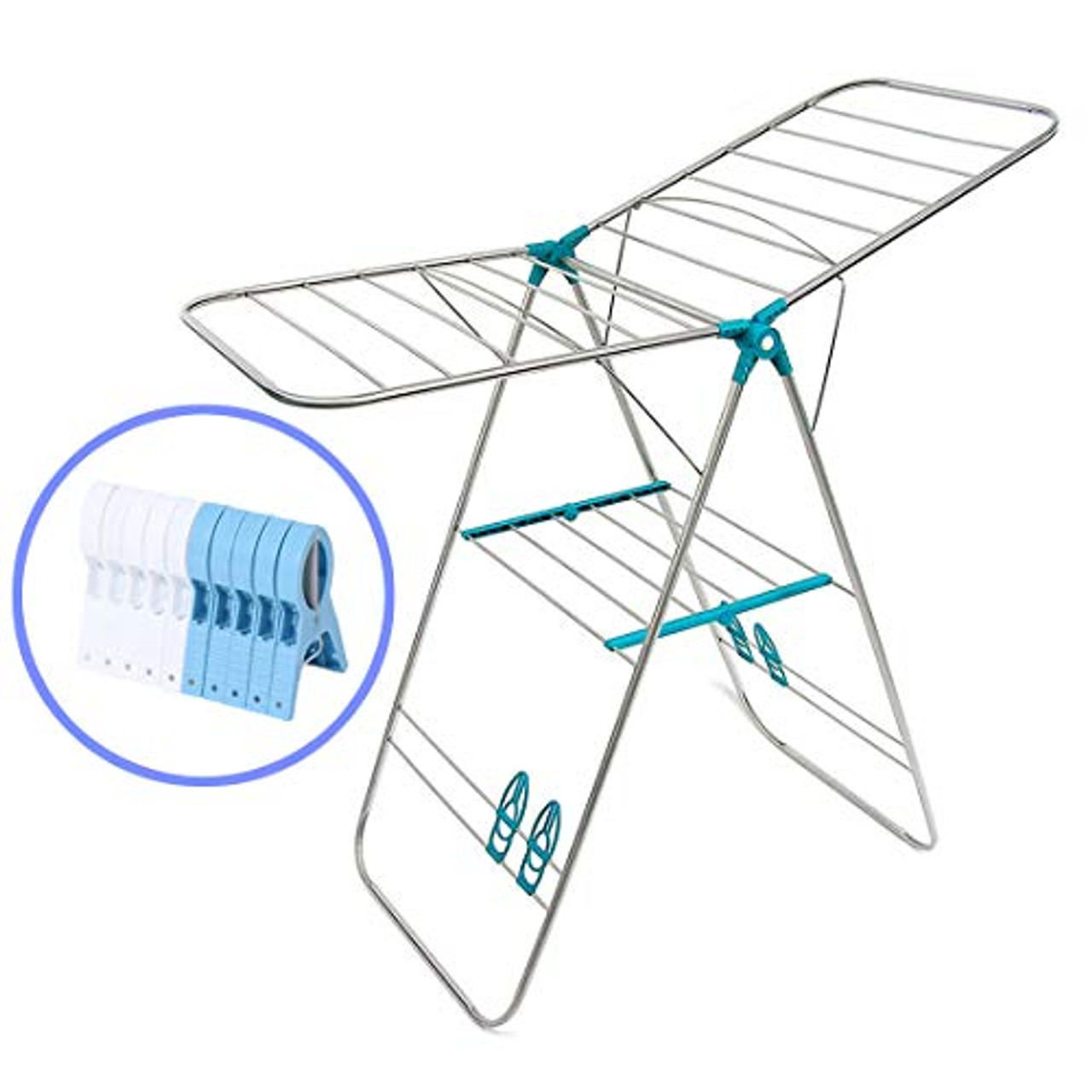 Pastel AJ12 Stainless Steel Clothes Drying Rack Clothespins 10EA Gullwing Space Saving Laundry Rack With Shoes Hanger Foldable Easy Storage Laundry For Indoor And Outdoor Use Made In Korea