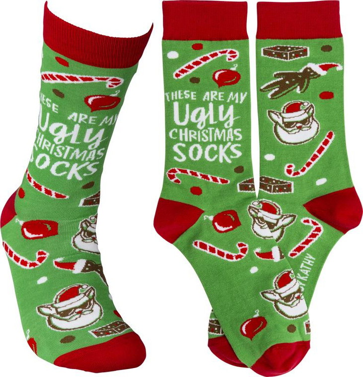 Primitives by Kathy Apparel 14.5" Ugly Christmas Socks Candy Cane Cat Gingerbread - Socks
