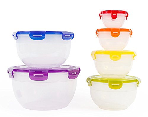 Neoflam Food Storage Plastic Bowls With Lids, 12 Piece Set , Nestable, Stackable, BPA-Free, Snap Lock, Airtight, Rainbow, Mixing, Food Prep, Containers