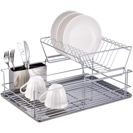 Home Basics 2-Tier Dish Rack, Chrome/Stainless Steel