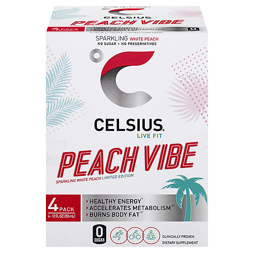 Celsius Energy Drink, Sparkling, Peach Vibe, 4 Pack
