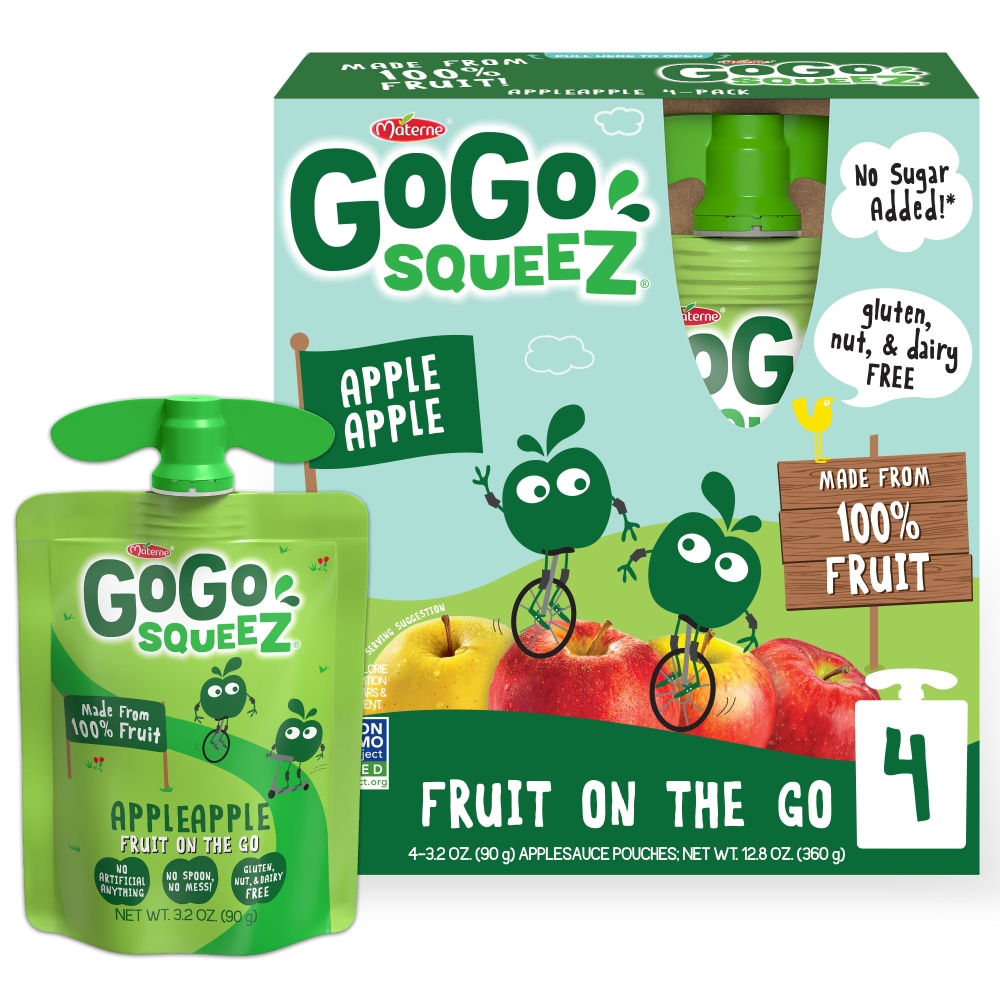 GoGo Squeez Applesauce On The Go, Apple Apple, 3.2 Ounce (4 Pouches), Gluten Free, Vegan Friendly, Healthy Snacks, Unsweetened Applesauce, Recloseable, Bpa Free Pouches