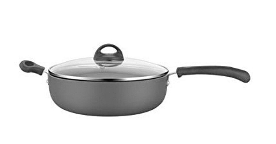 Premier Non Stick Pan With Glass Lid Hard Anodised 24cm Black Saute Pan Fry Pan