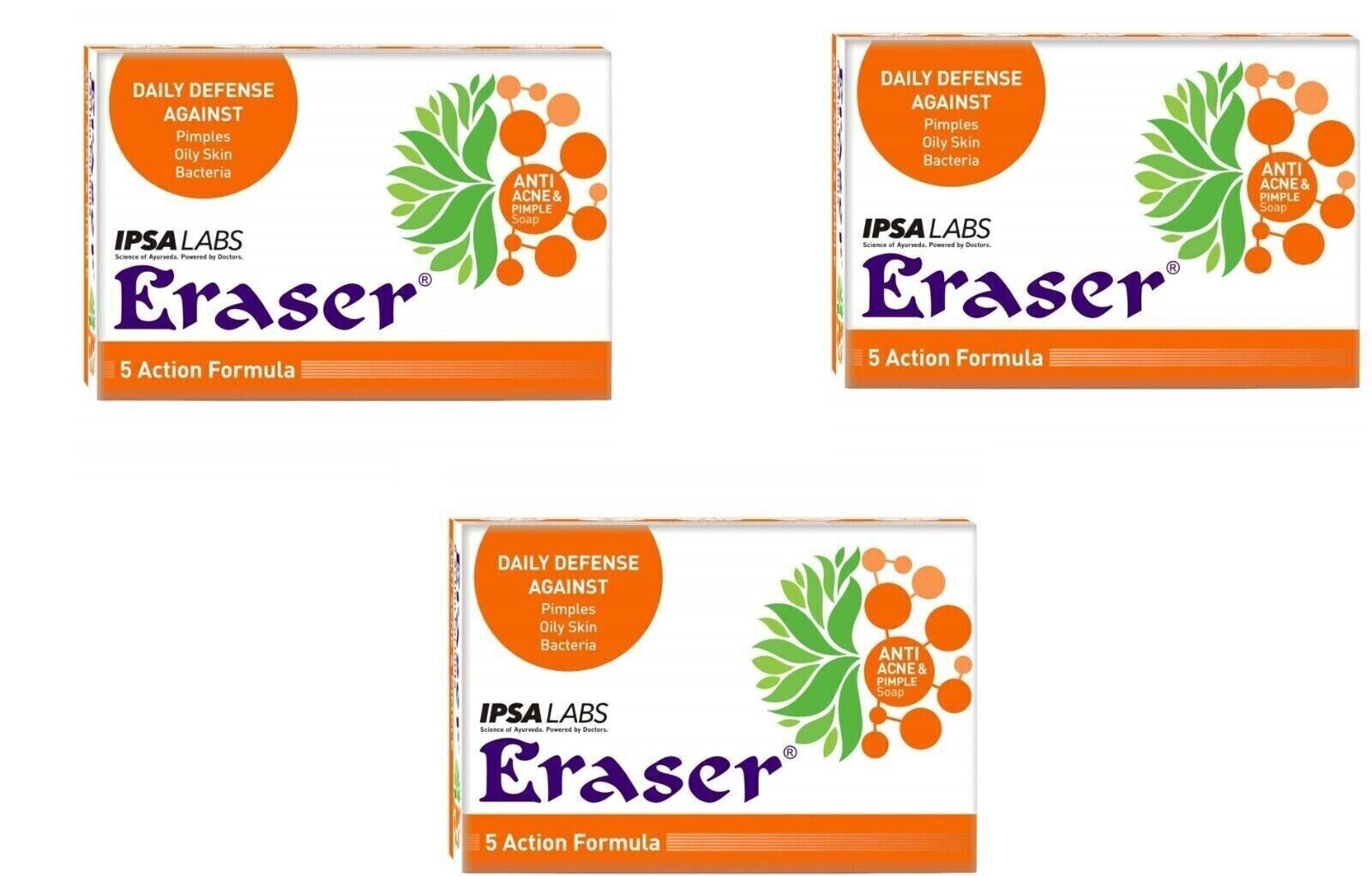 Eraser Ayurvedic Acne Bathing Soap Pack Of 3 X75g “Five Action Formula