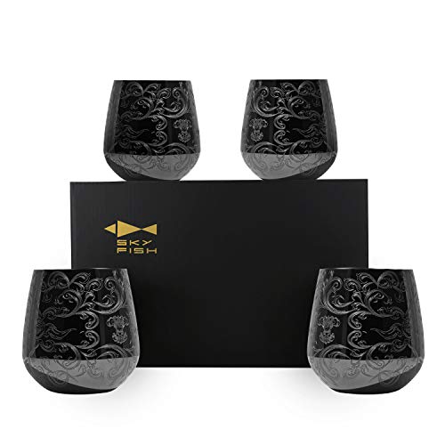 Sky Fish Stemless Stainless Steel Etching Wine Glasses, 18 Oz Black Plated, Set Of 4